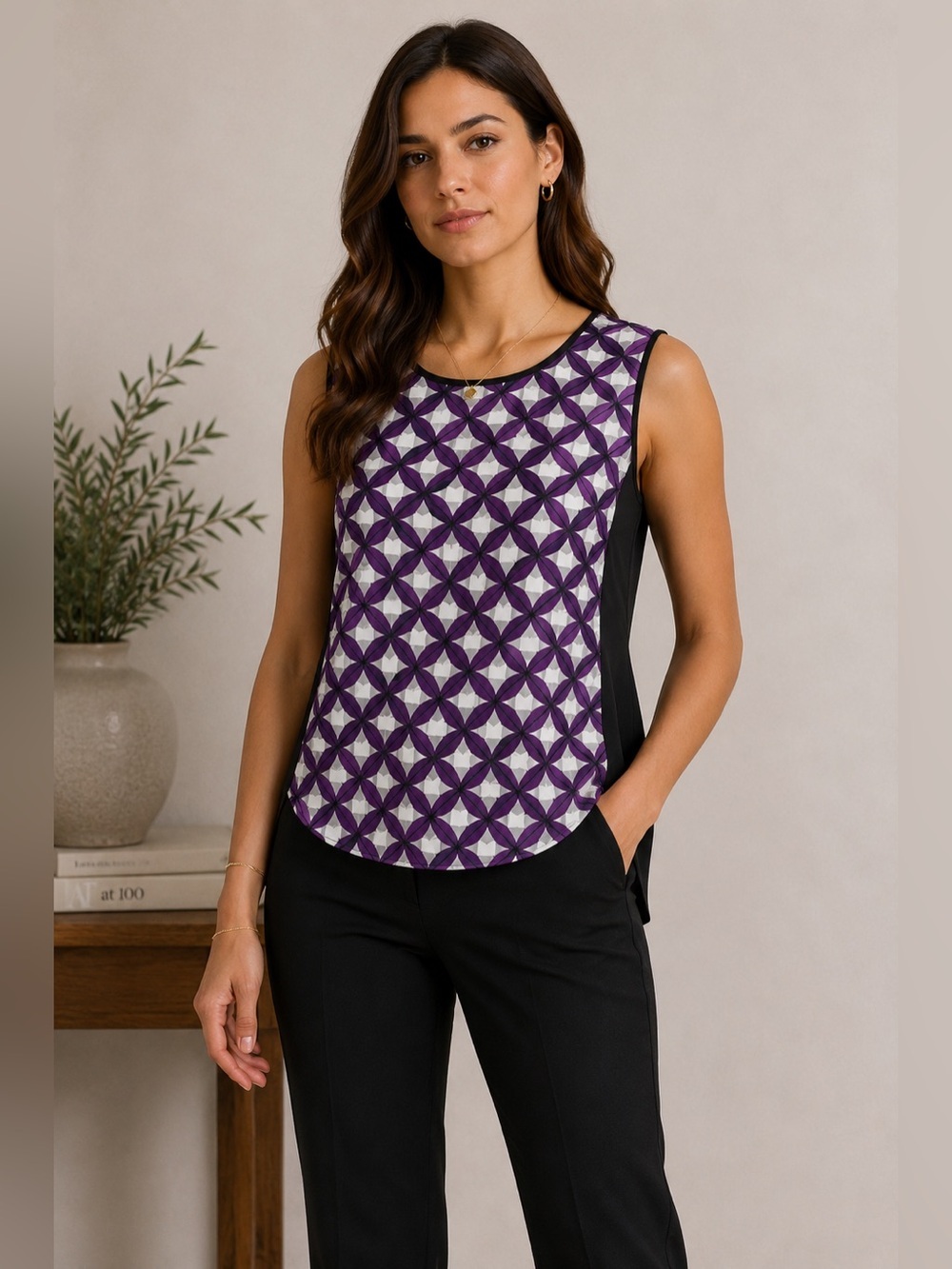 Trina Turk Purple and Black Geometric Silk Blouse Size M Luxury Designer